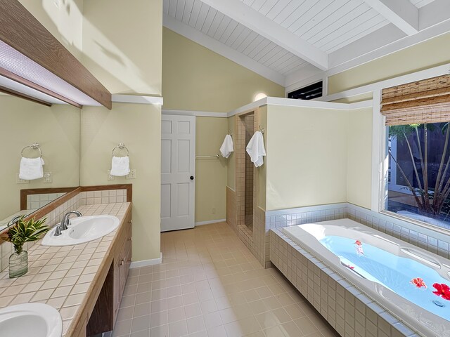 78-6825 Keaupuni St, Kailua-Kona, HI 96740 - bathroom featuring double vanity, a garden tub, a stall shower, and tile patterned flooring