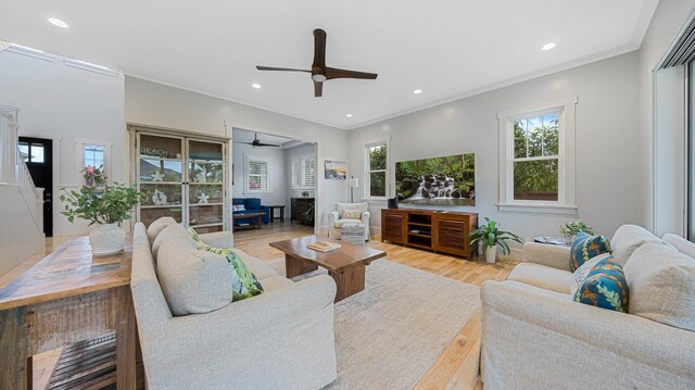 2344 Halalii Pl, Koloa, HI 96756 - living room featuring ceiling fan, light wood-style flooring, recessed lighting, and ornamental molding