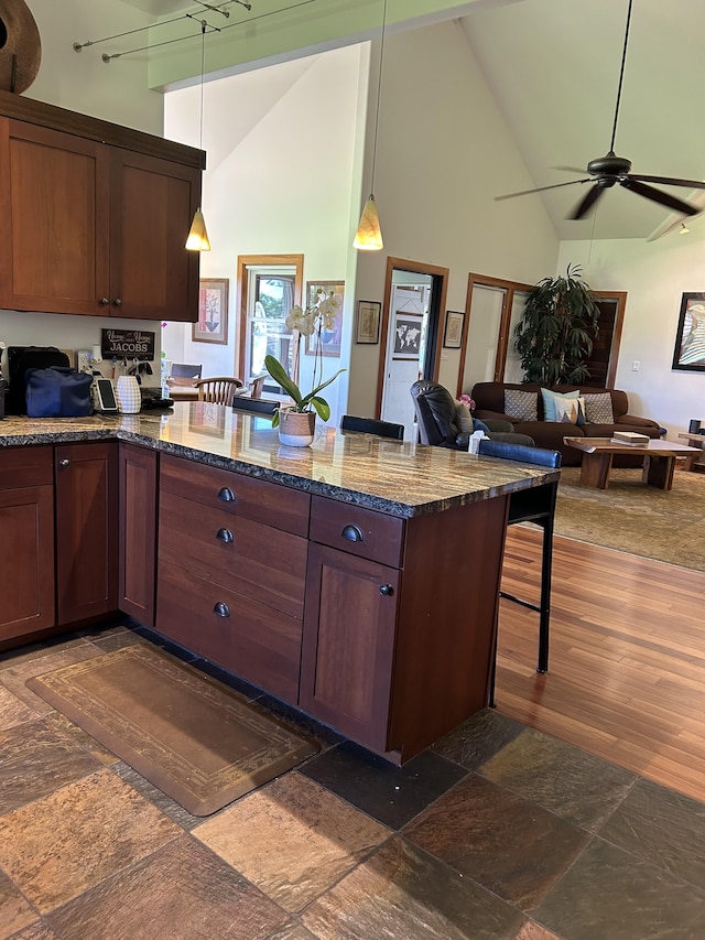 6670-G Kahuna Rd Unit 2, Kapaa, HI 96746 - kitchen featuring high vaulted ceiling, a ceiling fan, a breakfast bar, a peninsula, and dark stone counters