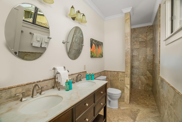 2739 Uluwehi St, Koloa, HI 96756 - bathroom featuring tile walls, ornamental molding, toilet, a walk in shower, and double vanity