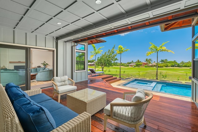 2739 Uluwehi St, Koloa, HI 96756 - swimming pool featuring an in-ground hot tub, a wooden deck, view of golf course, and outdoor lounge area