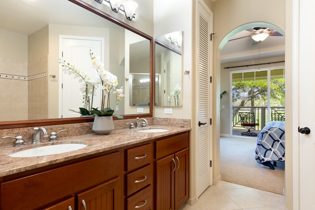 68-180 Waikoloa Beach Dr Unit J1, Waikoloa, HI 96738 - full bath with double vanity, tile patterned flooring, ceiling fan, a closet, and connected bathroom