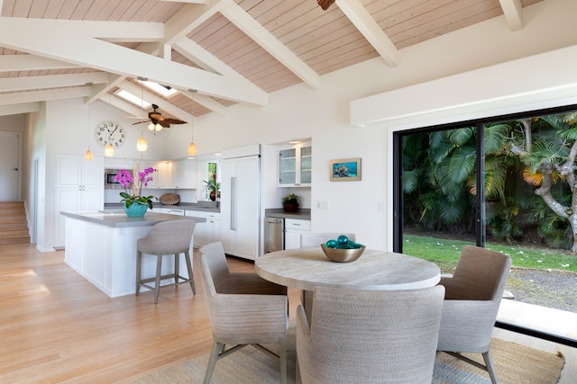 78-6846 Keaupuni St, Kailua-Kona, HI 96740 - dining room with light wood-style flooring, wood ceiling with exposed beams, ceiling fan, and high vaulted ceiling