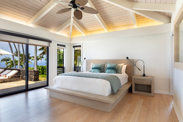 78-6846 Keaupuni St, Kailua-Kona, HI 96740 - bedroom with access to outside, wood ceiling, baseboards, light wood-type flooring, and a ceiling fan