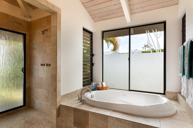 78-6846 Keaupuni St, Kailua-Kona, HI 96740 - full bath featuring a garden tub, wooden ceiling, and tiled shower