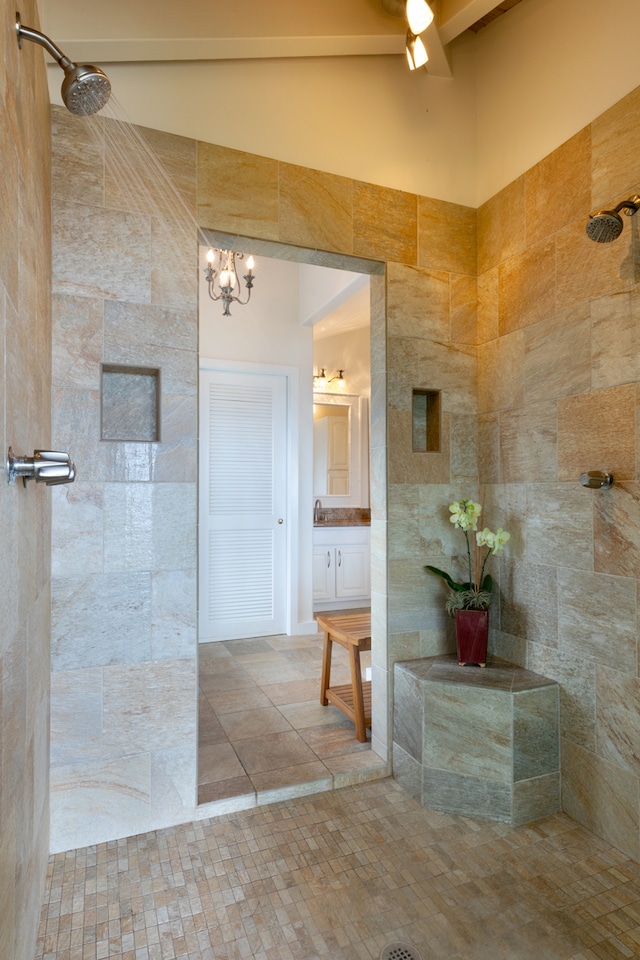78-6846 Keaupuni St, Kailua-Kona, HI 96740 - full bath featuring tiled shower, vanity, and a chandelier