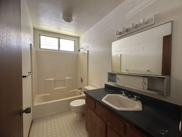 102 Puhili St, Hilo, HI 96720 - bathroom featuring tile patterned floors, toilet, vanity, tub / shower combination, and a textured ceiling