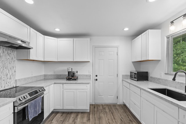 15-2042 14th Ave, Keaau, HI 96749 - kitchen with stainless steel electric stove, a sink, recessed lighting, white cabinetry, and dark wood-style floors