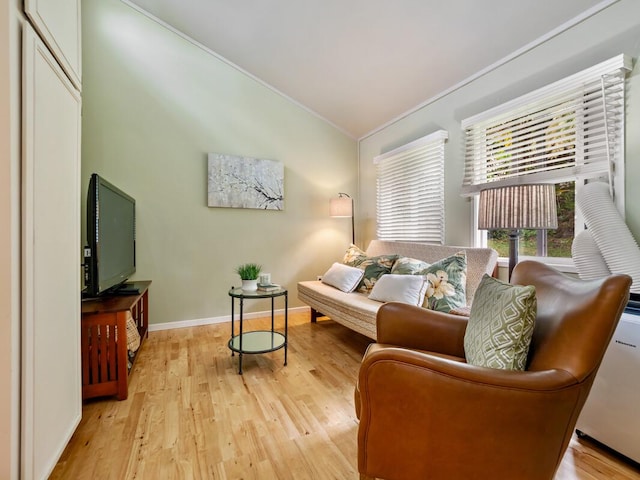 1174 Ainalako Rd, Hilo, HI 96720 - living area with vaulted ceiling, crown molding, light wood-type flooring, and baseboards
