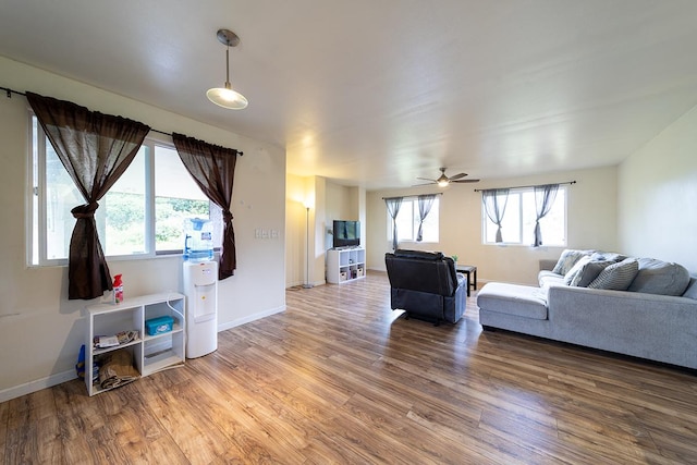15-1702 11th Ave, Keaau, HI 96749 - living area featuring wood finished floors, healthy amount of natural light, a ceiling fan, and baseboards