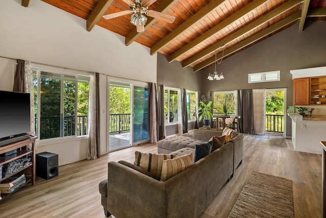 3968 Pai St, Kalaheo, HI 96741 - living area with wood ceiling with exposed beams, high vaulted ceiling, light wood finished floors, plenty of natural light, and ceiling fan