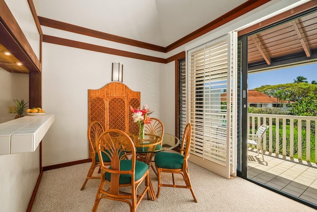 2253 Poipu Rd Unit 62, Koloa, HI 96756 - dining area featuring light colored carpet and vaulted ceiling