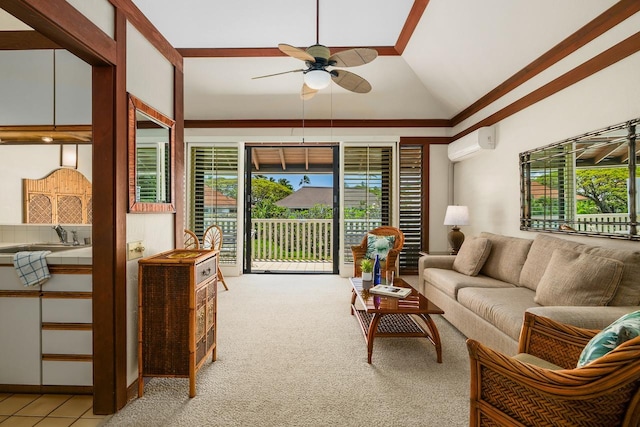 2253 Poipu Rd Unit 62, Koloa, HI 96756 - living room featuring a ceiling fan, vaulted ceiling, a wall mounted air conditioner, and light colored carpet