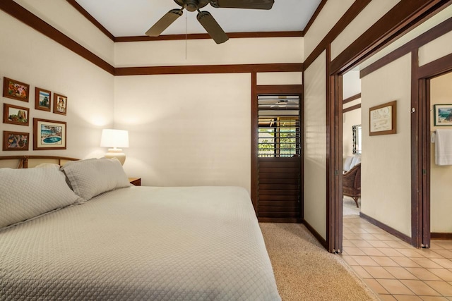 2253 Poipu Rd Unit 62, Koloa, HI 96756 - bedroom featuring baseboards, light tile patterned floors, crown molding, and a ceiling fan