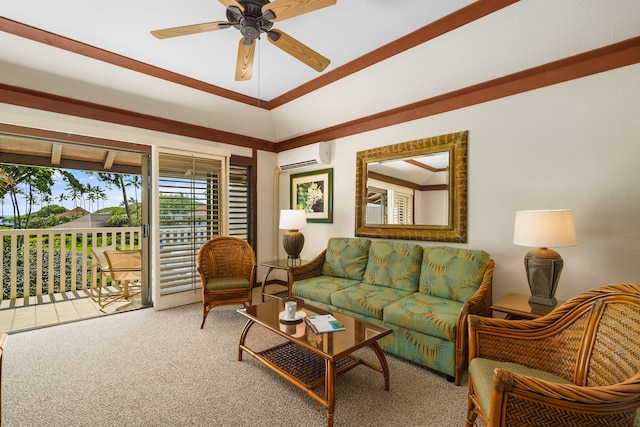 2253 Poipu Rd Unit 67, Koloa, HI 96756 - living area with a wall unit AC, carpet, and ceiling fan