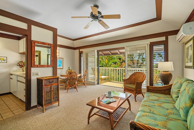 2253 Poipu Rd Unit 67, Koloa, HI 96756 - living area featuring ceiling fan, a wall mounted air conditioner, light carpet, light tile patterned flooring, and ornamental molding