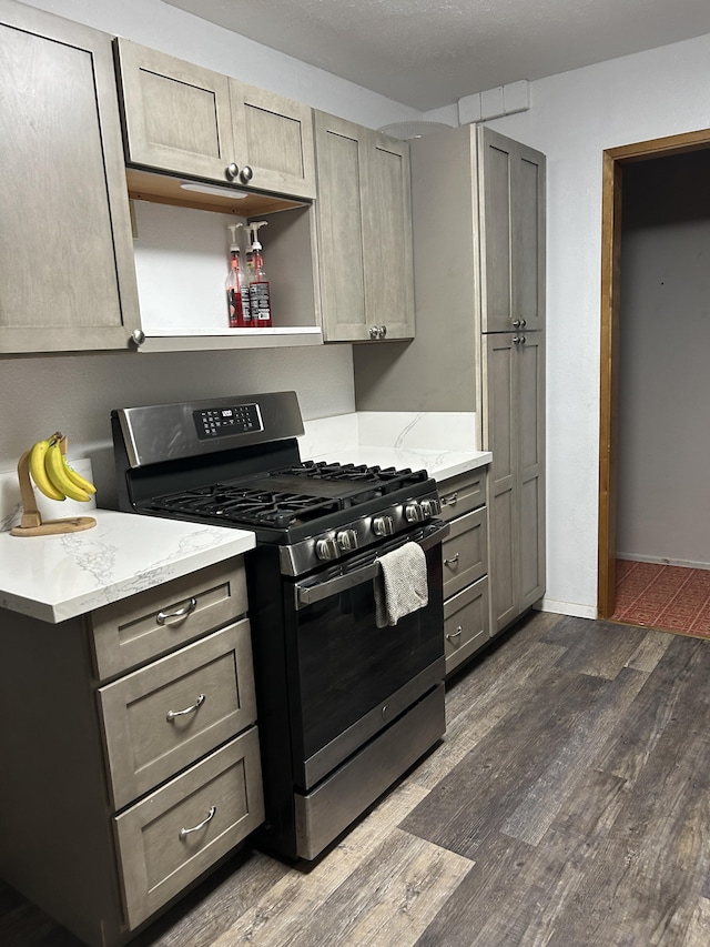 15-1672 28th Ave, Keaau, HI 96749 - kitchen featuring gas range, dark wood-type flooring, light stone counters, baseboards, and open shelves