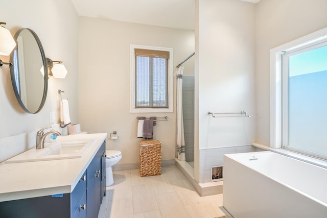 1-3580 Kaumualii Hwy, Hanapepe, HI 96716 - bathroom with vanity, a stall shower, a freestanding tub, toilet, and baseboards