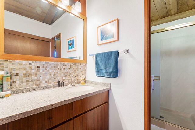 68-3840 Lua Kula St Unit G205, Waikoloa, HI 96738 - full bath with vanity, decorative backsplash, a stall shower, and wood ceiling