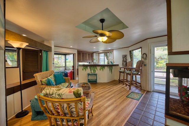 173 Opio Rd, Hilo, HI 96720 - living area featuring ceiling fan, crown molding, and light wood-style floors