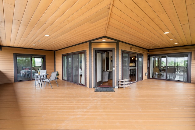 68-1878 E Kaupapa Pl, Waikoloa, HI 96738 - sunroom / solarium featuring wood ceiling, wooden walls, a deck, wood finished floors, and recessed lighting