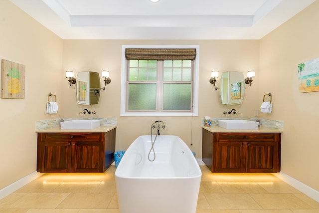 78-106 Holuakai St, Kailua-Kona, HI 96740 - full bath featuring a soaking tub, tile patterned flooring, two vanities, and a raised ceiling