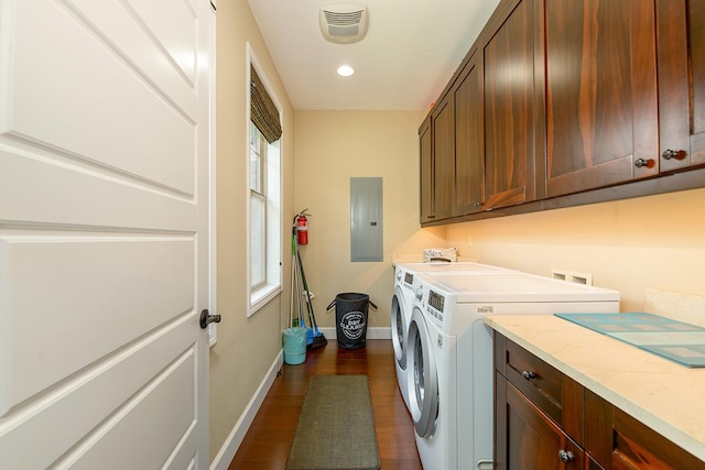 78-106 Holuakai St, Kailua-Kona, HI 96740 - laundry area with electric panel, cabinet space, washing machine and dryer, dark wood-type flooring, and recessed lighting
