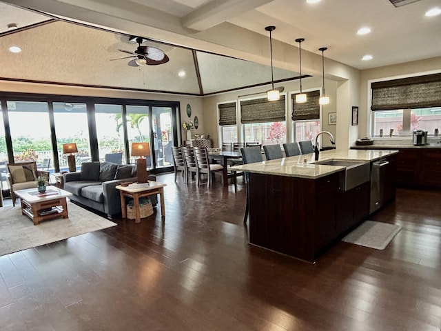 78-106 Holuakai St, Kailua-Kona, HI 96740 - kitchen with dark wood-type flooring, dishwasher, ceiling fan, dark brown cabinetry, and decorative light fixtures