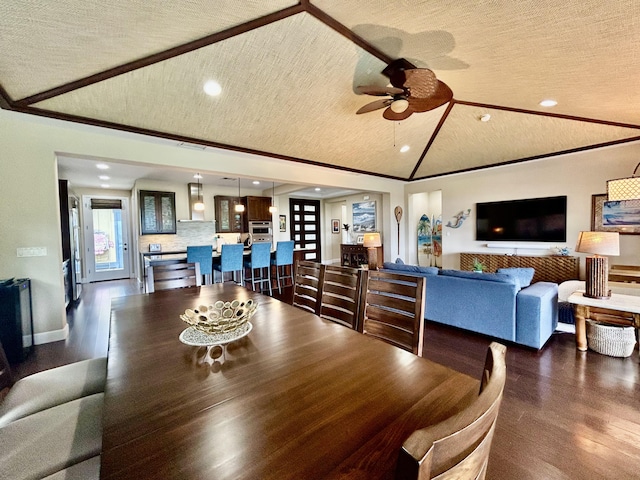 78-106 Holuakai St, Kailua-Kona, HI 96740 - dining space featuring ceiling fan, lofted ceiling, dark wood-style flooring, crown molding, and recessed lighting