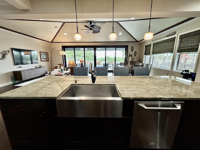 78-106 Holuakai St, Kailua-Kona, HI 96740 - kitchen with open floor plan, stainless steel dishwasher, decorative light fixtures, light stone countertops, and lofted ceiling
