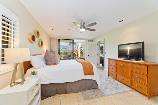 68-3840 Lua Kula St Unit H100, Waikoloa, HI 96738 - bedroom featuring light tile patterned flooring, access to outside, ceiling fan, and recessed lighting