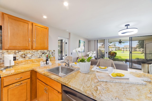 68-3840 Lua Kula St Unit H100, Waikoloa, HI 96738 - kitchen featuring a sink, decorative backsplash, ceiling fan, stainless steel dishwasher, and open floor plan