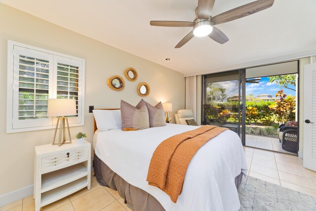 68-3840 Lua Kula St Unit H100, Waikoloa, HI 96738 - bedroom with access to exterior, light tile patterned flooring, baseboards, and a ceiling fan