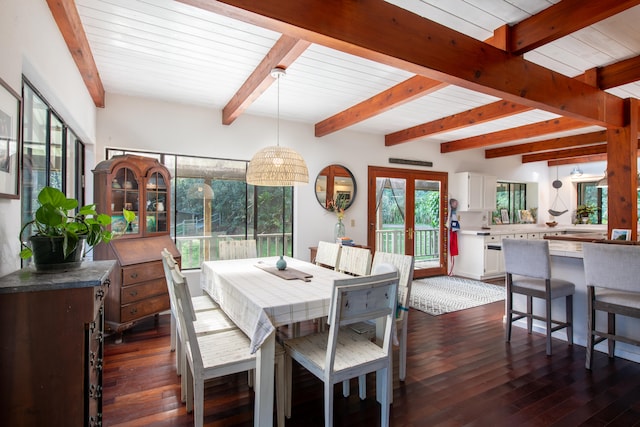 45-1070 Kalehua Rd, Honokaa, HI 96727 - dining room featuring dark wood-style floors, healthy amount of natural light, beam ceiling, and french doors