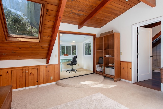 45-1070 Kalehua Rd, Honokaa, HI 96727 - office area with carpet flooring, wood ceiling, a wainscoted wall, and wood walls