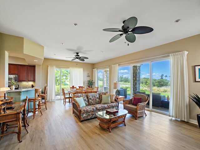 62-3614 Lolii Way Unit E-2, Kamuela, HI 96743 - living area with ceiling fan, light wood finished floors, and recessed lighting