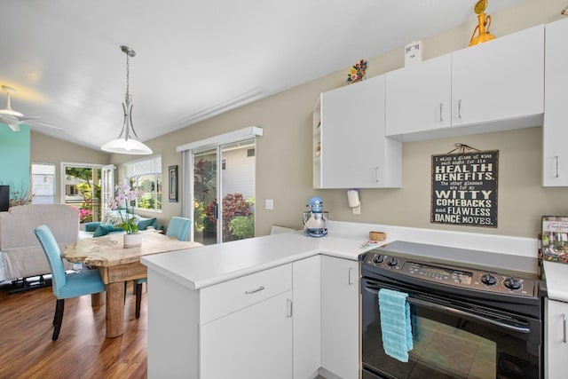 75-217 Nani Kailua Dr Unit 149, Kailua-Kona, HI 96740 - kitchen with black range with electric stovetop, open floor plan, a peninsula, light countertops, and wood finished floors