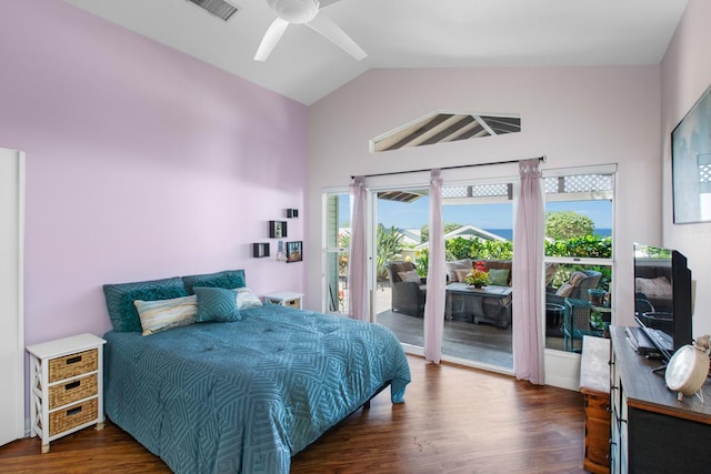 75-217 Nani Kailua Dr Unit 149, Kailua-Kona, HI 96740 - bedroom with access to outside, dark wood finished floors, ceiling fan, and high vaulted ceiling