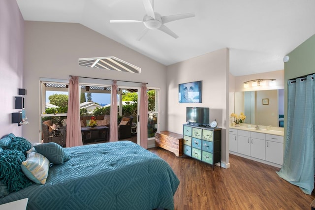 75-217 Nani Kailua Dr Unit 149, Kailua-Kona, HI 96740 - bedroom featuring lofted ceiling, dark wood-style flooring, ensuite bath, access to exterior, and ceiling fan