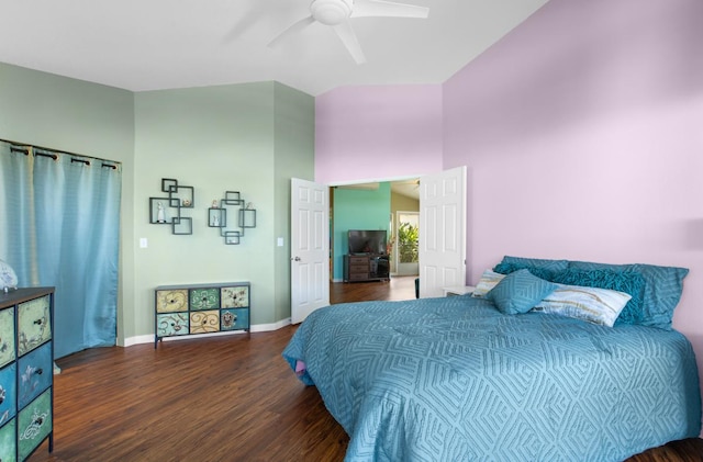 75-217 Nani Kailua Dr Unit 149, Kailua-Kona, HI 96740 - bedroom featuring wood finished floors, baseboards, a ceiling fan, and a towering ceiling
