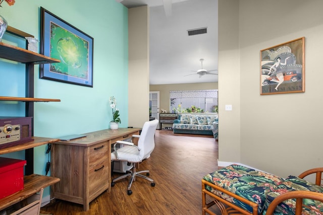 75-217 Nani Kailua Dr Unit 149, Kailua-Kona, HI 96740 - home office featuring wood finished floors, a high ceiling, and ceiling fan