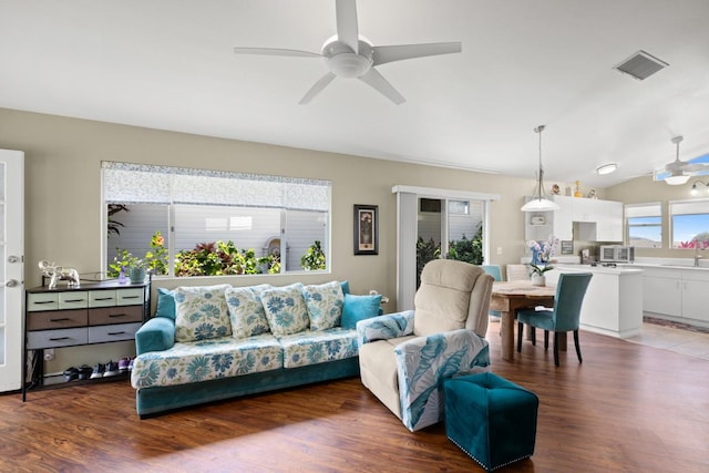 75-217 Nani Kailua Dr Unit 149, Kailua-Kona, HI 96740 - living room with ceiling fan, vaulted ceiling, and wood finished floors