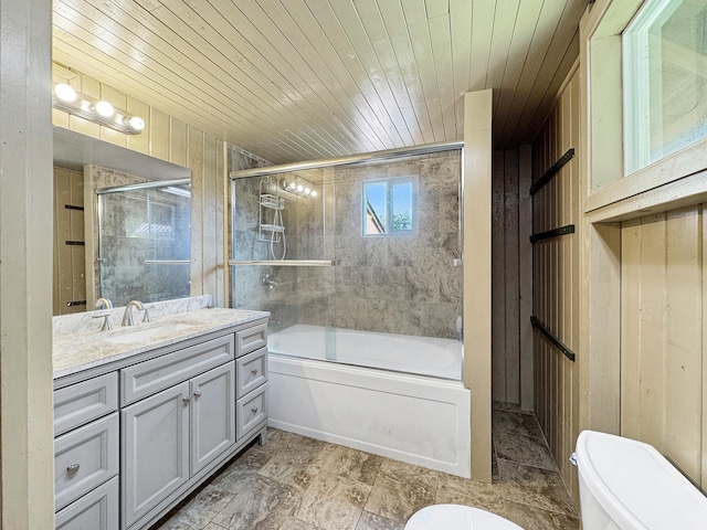 94-2664 Lorenzo Rd, Naalehu, HI 96772 - full bathroom featuring toilet, vanity, wooden ceiling, enclosed tub / shower combo, and wood walls