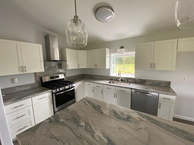 15-1509 22nd Ave, Keaau, HI 96749 - kitchen featuring appliances with stainless steel finishes, wall chimney range hood, a sink, light stone countertops, and white cabinets