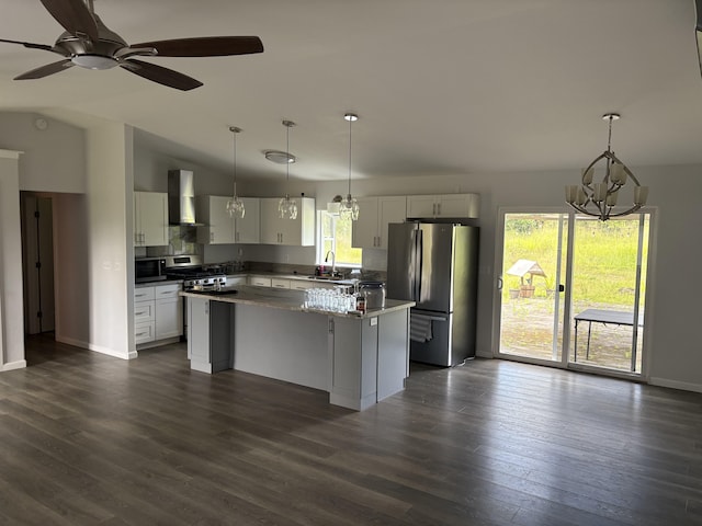 15-1509 22nd Ave, Keaau, HI 96749 - kitchen featuring appliances with stainless steel finishes, wall chimney range hood, a sink, a chandelier, and a center island