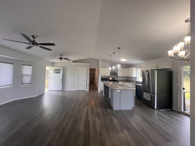 15-1509 22nd Ave, Keaau, HI 96749 - kitchen with stainless steel appliances, a chandelier, open floor plan, a kitchen island, and vaulted ceiling