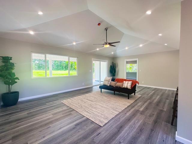 15-1878 31st Ave, Keaau, HI 96749 - living area with a ceiling fan, baseboards, dark wood-style flooring, recessed lighting, and high vaulted ceiling