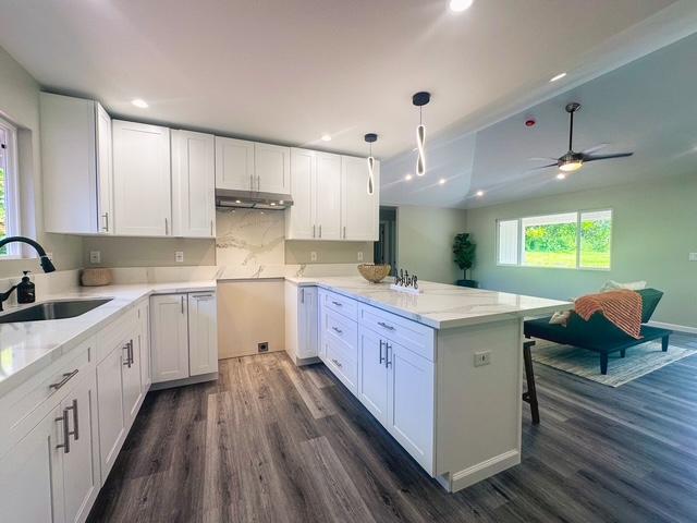 15-1878 31st Ave, Keaau, HI 96749 - kitchen with a sink, dark wood-type flooring, a peninsula, under cabinet range hood, and recessed lighting