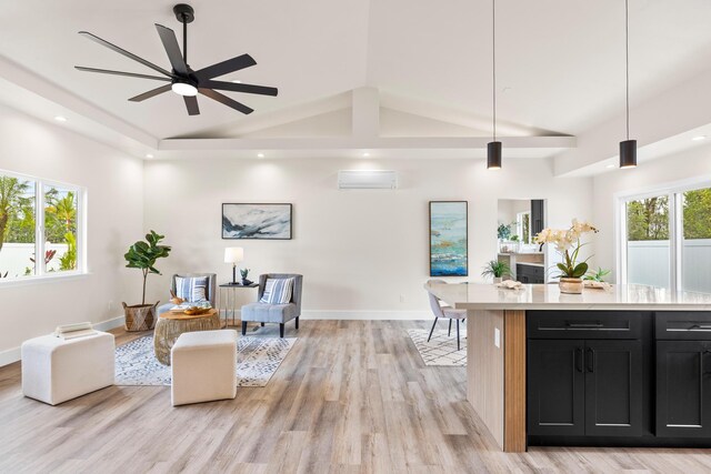 16-2072 Bamboo Dr, Pahoa, HI 96778 - living room featuring lofted ceiling, a wall mounted air conditioner, light wood-type flooring, a ceiling fan, and recessed lighting