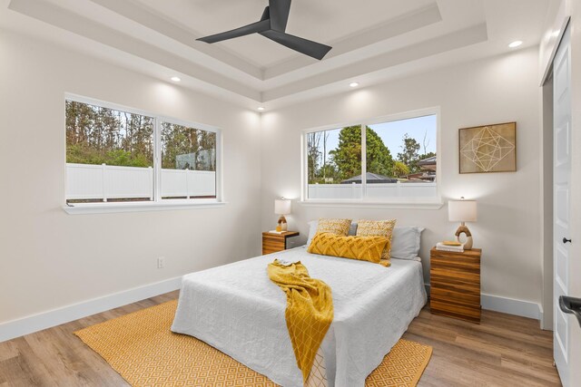 16-2072 Bamboo Dr, Pahoa, HI 96778 - bedroom featuring a tray ceiling, wood finished floors, recessed lighting, and baseboards